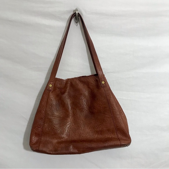 SOLD American Leather Co Shoulder Purse Embossed Tooled Floral Brown Bag - Picture 2 of 13